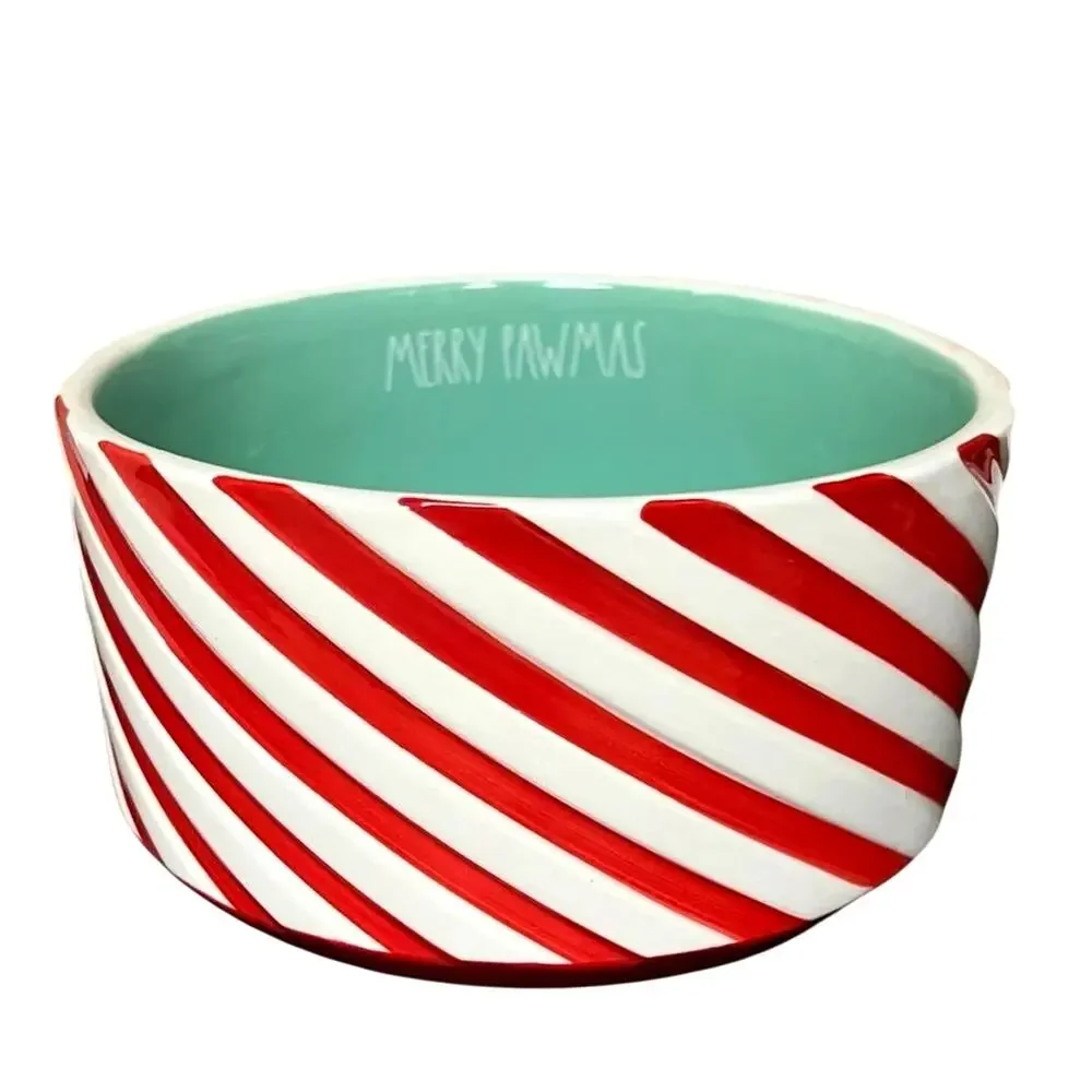 Rae Dunn Dog Bowl Christmas Candy Cane Striped MERRY PAWMAS New
